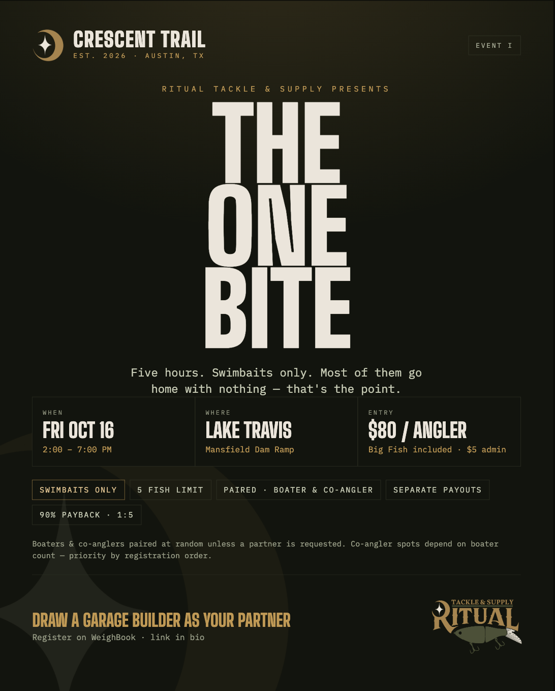 The One Bite — Lake Travis swimbait-only tournament flyer